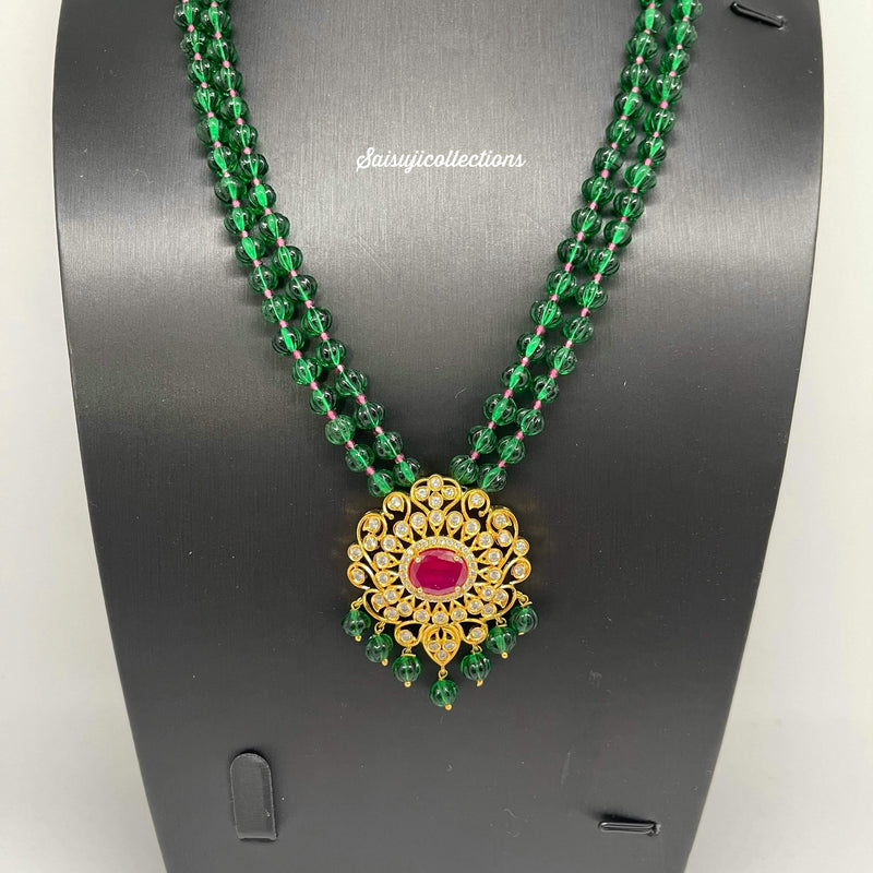 Beautiful Green Pumpkin Beads 2 Lane Set with AD Ruby Stone Locket and Earrings-Saisuji Collections-C-Beads,green pumpkin beads,lakshmi,Necklace,Necklace Set,Necklaces,Necklance