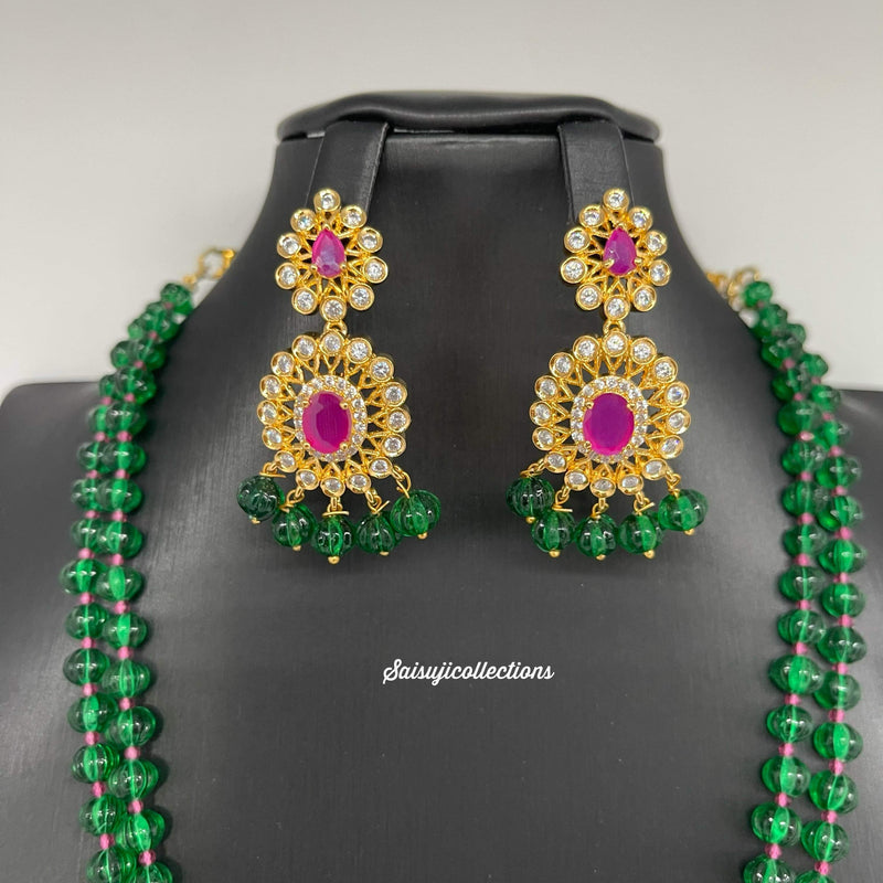 Beautiful Green Pumpkin Beads 2 Lane Set with AD Ruby Stone Locket and Earrings-Saisuji Collections-C-Beads,green pumpkin beads,lakshmi,Necklace,Necklace Set,Necklaces,Necklance