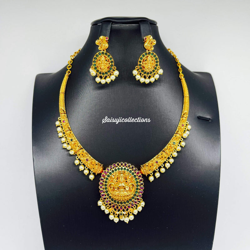 Beautiful Nakshi Kempu Stones kante With Lakshmi Devi Locket and Earrings-Saisuji Collections-C-Beads,Emerald,Necklace,Necklace Set,Necklaces,Necklance,Peacock,Ruby,Temple