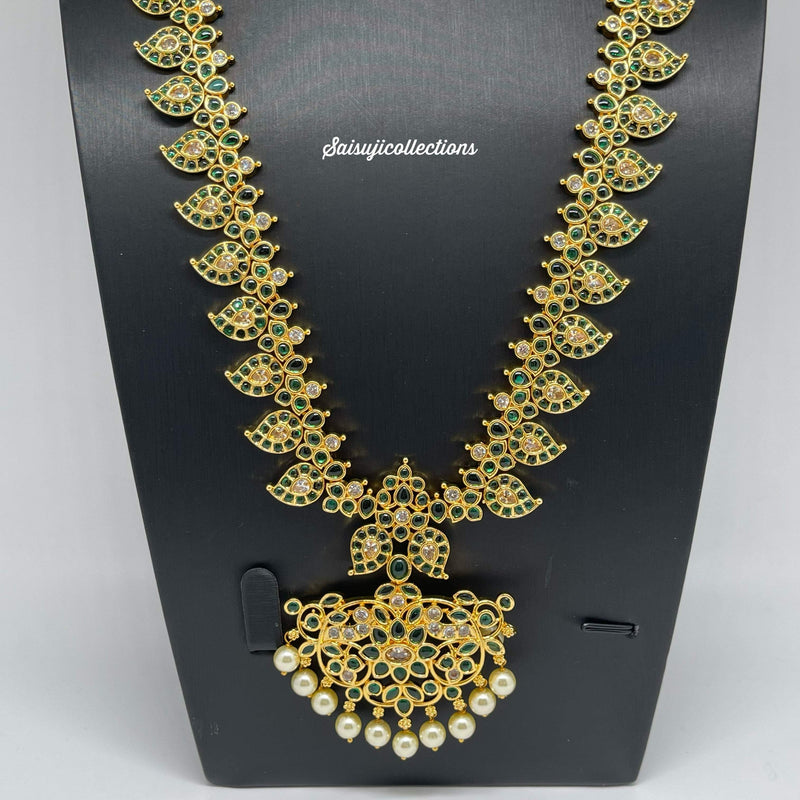 Beautiful gold polish AD and Real Green Kempu Stone Mango Long necklace set with Earrings-Saisuji Collections-C-AD,Beads,Emerald,Necklace,Necklace Set,Necklaces,Necklance,Ruby