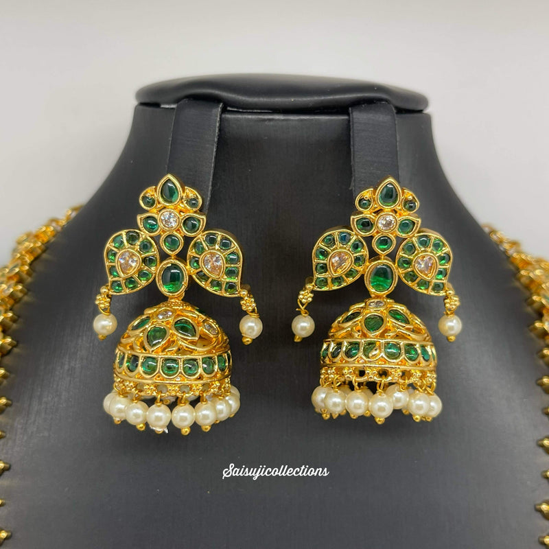 Beautiful gold polish AD and Real Green Kempu Stone Mango Long necklace set with Earrings-Saisuji Collections-C-AD,Beads,Emerald,Necklace,Necklace Set,Necklaces,Necklance,Ruby