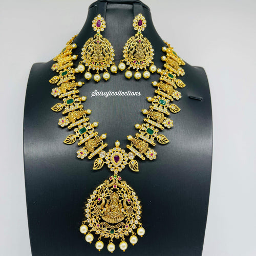 Beautiful Gold Replica Black Polish Lakshmi Devi Mango necklace set with Earrings-Saisuji Collections-C-AD,Beads,Emerald,Necklace,Necklace Set,Necklaces,Necklance,Ruby,Temple