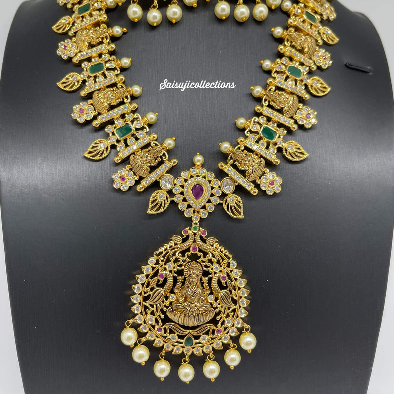 Beautiful Gold Replica Black Polish Lakshmi Devi Mango necklace set with Earrings-Saisuji Collections-C-AD,Beads,Emerald,Necklace,Necklace Set,Necklaces,Necklance,Ruby,Temple