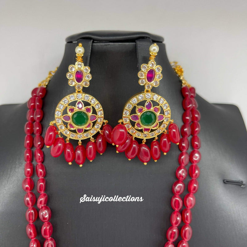 Elegant Red Monalisa Beads 2 Lane Set with AD and Multi Stone Locket and Earrings-Saisuji Collections-C-Beads,green pumpkin beads,lakshmi,Necklace,Necklace Set,Necklaces,Necklance