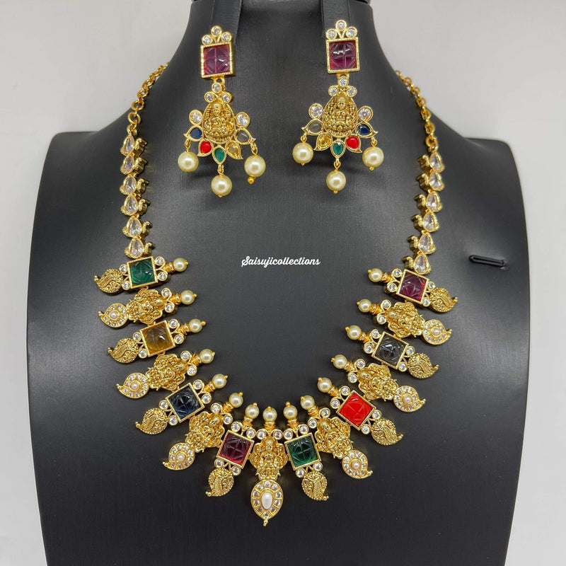 Beautiful Gold Replica Lakshmi and Mango Navaratan Necklace with Earrings-Saisuji Collections-C-Imitation Gold,Kemp,Long,navaratan,Necklace,Necklace Set,Necklaces,Necklance,Peacock,Ruby,Temple
