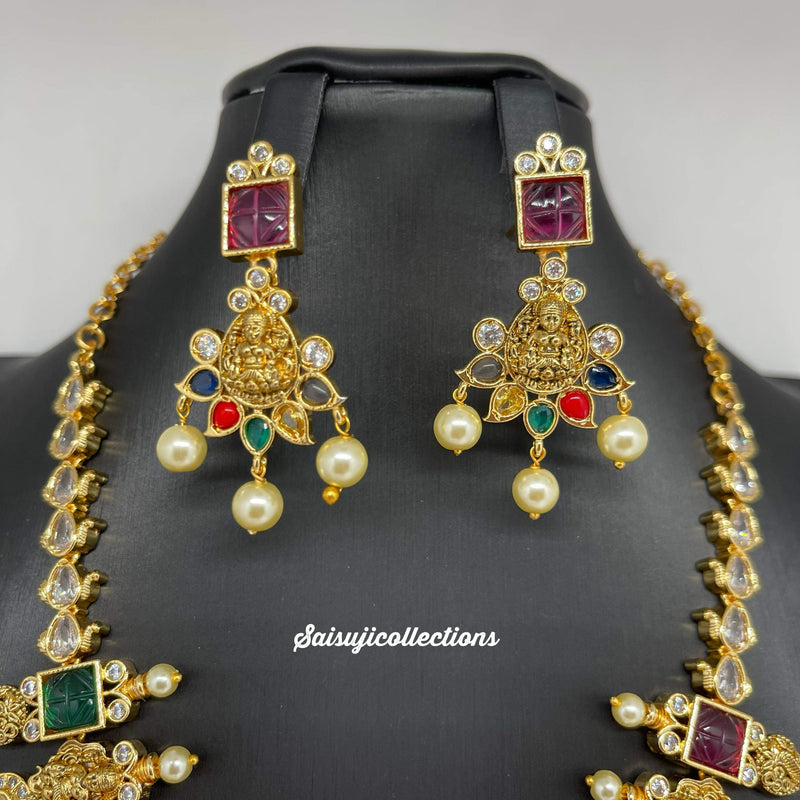 Beautiful Gold Replica Lakshmi and Mango Navaratan Necklace with Earrings-Saisuji Collections-C-Imitation Gold,Kemp,Long,navaratan,Necklace,Necklace Set,Necklaces,Necklance,Peacock,Ruby,Temple