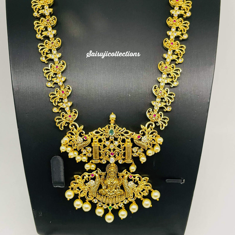 Elegant Imitation Gold Gold Replica CZ and Multi Stone Peacock and flower Long Necklace with earrings-Saisuji Collections-C-Imitation Gold,Laxmi,Multi Stone,Nakshi,Necklace,Necklaces