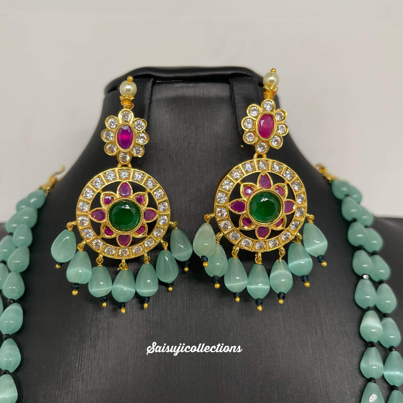 Beautiful Mint Color Monalisa Beads AD and Multi Stone Locket and Earrings-Saisuji Collections-C-Beads,green pumpkin beads,lakshmi,Necklace,Necklace Set,Necklaces,Necklance