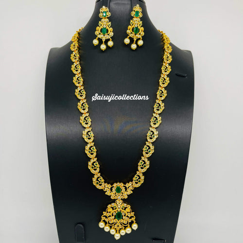 Beautiful Imitation Gold CZ and Emerald Peacock Haram with Earrings-Saisuji Collections-C-Imitation Gold,Laxmi,Multi Stone,Nakshi,Necklace,Necklaces