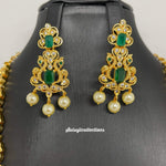 Beautiful Imitation Gold CZ and Emerald Peacock Haram with Earrings-Saisuji Collections-C-Imitation Gold,Laxmi,Multi Stone,Nakshi,Necklace,Necklaces