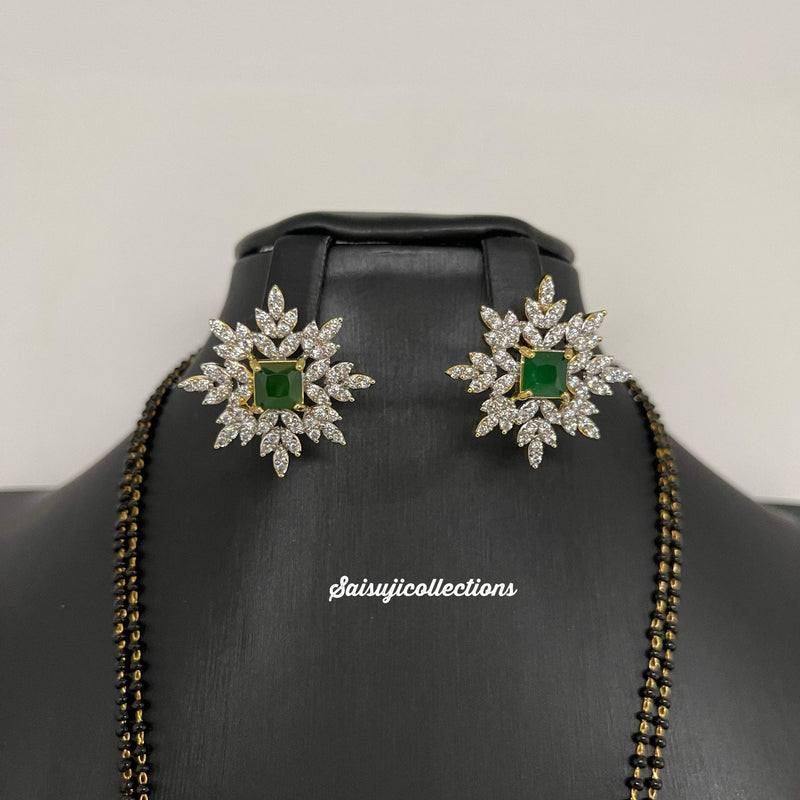 Elegant Diamond Finish Black Beads With CZ and Green Stone Locket and Earrings-Saisuji Collections-C-AD,American Diamond,Imitation Gold,Laxmi,Mangalsutra