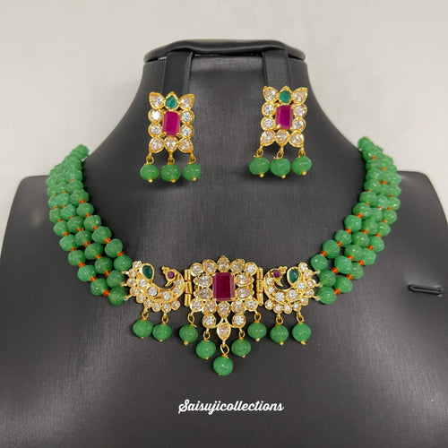 Beautiful Parrot Green Pumpkin beads choker with AD and Multi Stone locket with earrings-Saisuji Collections-C-AD,American Diamond,Beads,Choker,Monalisa,Multi stone