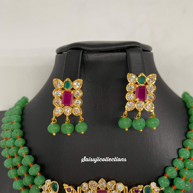 Beautiful Parrot Green Pumpkin beads choker with AD and Multi Stone locket with earrings-Saisuji Collections-C-AD,American Diamond,Beads,Choker,Monalisa,Multi stone