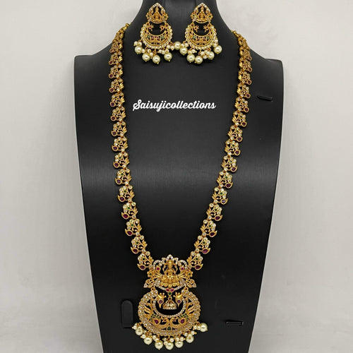 Elegant CZ and Multi Stone Peacock Long Necklace Set With Earrings-Saisuji Collections-C-Imitation Gold,long,multi Stone,Necklace,Necklace Set,Necklaces,Necklance