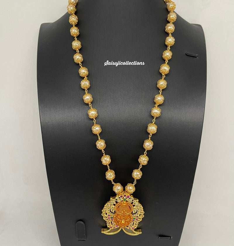 Beautiful Pearl Chain With CZ Stone Multi Stone Narasimha Swami Puligoru Locket-Saisuji Collections-C-beads,Imitation Gold,multi Stone,Necklace,Necklace Set,Necklaces,Necklance,pearl