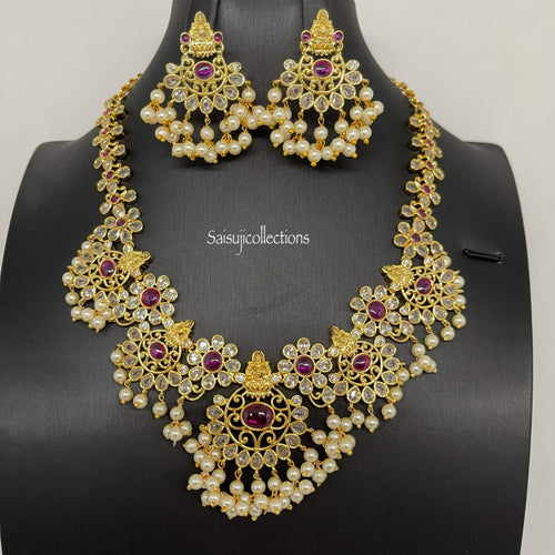 Beautiful Ad and Ruby Stone Lakshmi and Pearl Necklace Set with Earrings-Saisuji Collections-C-AD,American Diamond,CZ,Necklace,Necklace Set,Necklaces