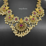 Beautiful Ad and Ruby Stone Lakshmi and Pearl Necklace Set with Earrings-Saisuji Collections-C-AD,American Diamond,CZ,Necklace,Necklace Set,Necklaces