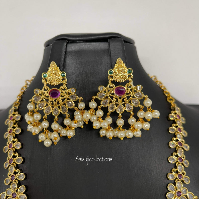 Beautiful Ad and Ruby Stone Lakshmi and Pearl Necklace Set with Earrings-Saisuji Collections-C-AD,American Diamond,CZ,Necklace,Necklace Set,Necklaces