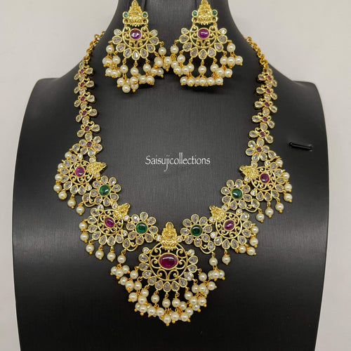 Beautiful AD and Multi Stone Lakshmi and Pearl Necklace Set with Earrings-Saisuji Collections-C-AD,American Diamond,CZ,Necklace,Necklace Set,Necklaces