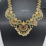 Beautiful AD and Multi Stone Lakshmi and Pearl Necklace Set with Earrings-Saisuji Collections-C-AD,American Diamond,CZ,Necklace,Necklace Set,Necklaces