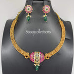 Beautiful Gold Replica Kante With CZ Stones and Real kemp Stones With Earrings (Copy of (2.5 Silver Jewlery)-Saisuji Collections-C-Imitation Gold,Kante,Kemp,Necklace,Necklace Set,Necklaces,Necklance,pearl,Ruby