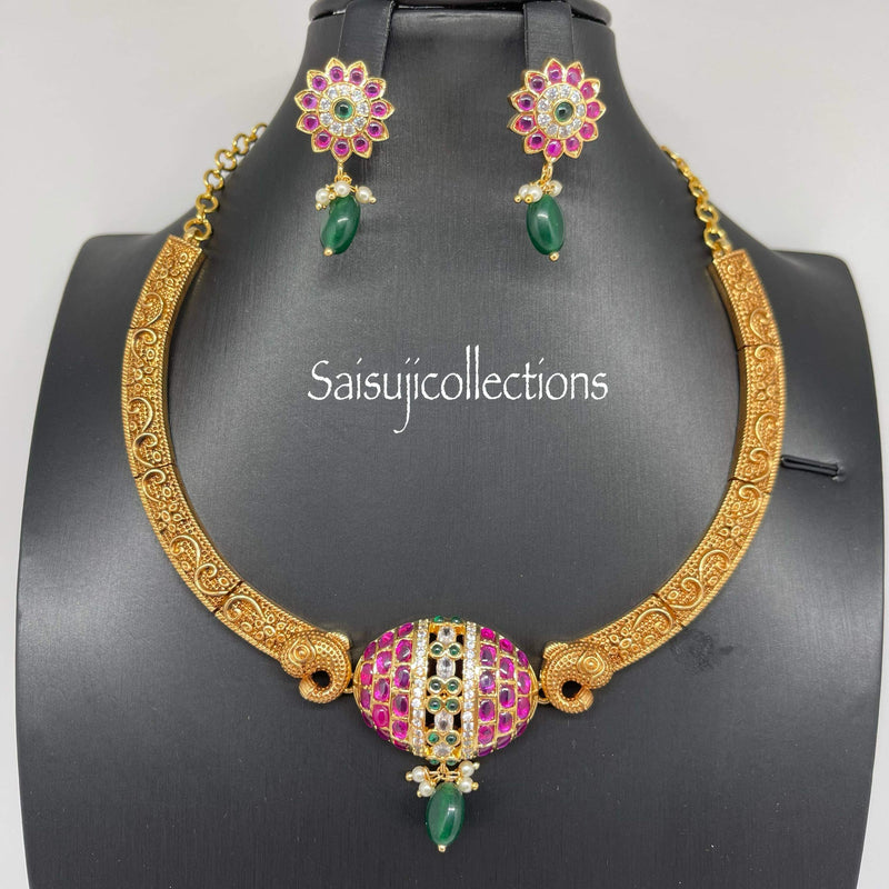 Beautiful Gold Replica Kante With CZ Stones and Real kemp Stones With Earrings (Copy of (2.5 Silver Jewlery)-Saisuji Collections-C-Imitation Gold,Kante,Kemp,Necklace,Necklace Set,Necklaces,Necklance,pearl,Ruby