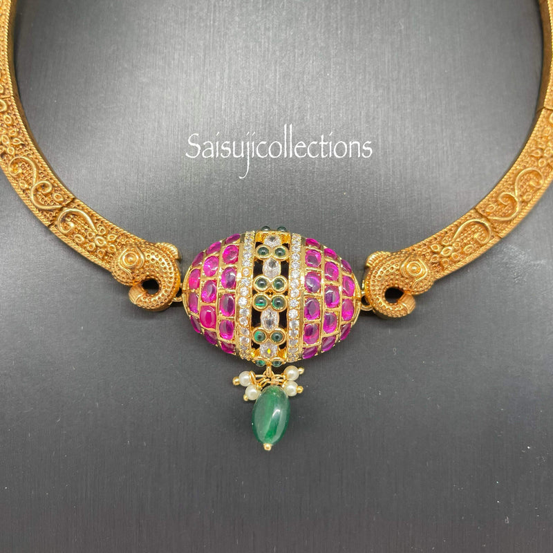 Beautiful Gold Replica Kante With CZ Stones and Real kemp Stones With Earrings (Copy of (2.5 Silver Jewlery)-Saisuji Collections-C-Imitation Gold,Kante,Kemp,Necklace,Necklace Set,Necklaces,Necklance,pearl,Ruby