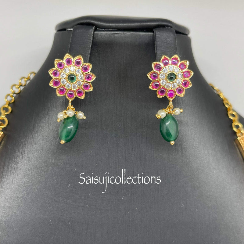 Beautiful Gold Replica Kante With CZ Stones and Real kemp Stones With Earrings (Copy of (2.5 Silver Jewlery)-Saisuji Collections-C-Imitation Gold,Kante,Kemp,Necklace,Necklace Set,Necklaces,Necklance,pearl,Ruby