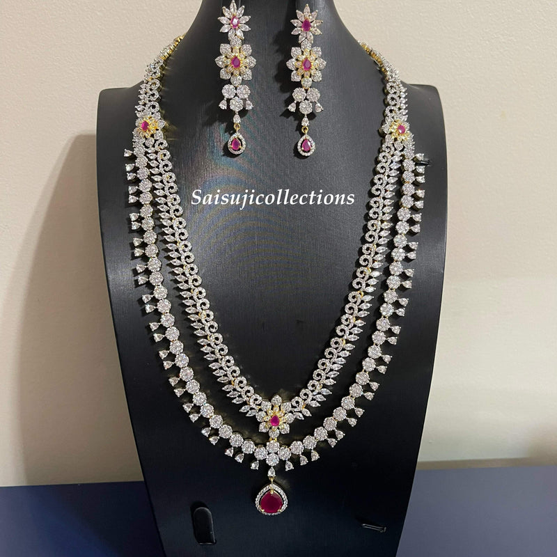 Elegant Diamond Finish 2 Lane CZ and Ruby Stone Long Haram With Earrings-Saisuji Collections-C-Imitation Gold,Necklace,Necklace Set,Necklaces,Necklance,Ruby