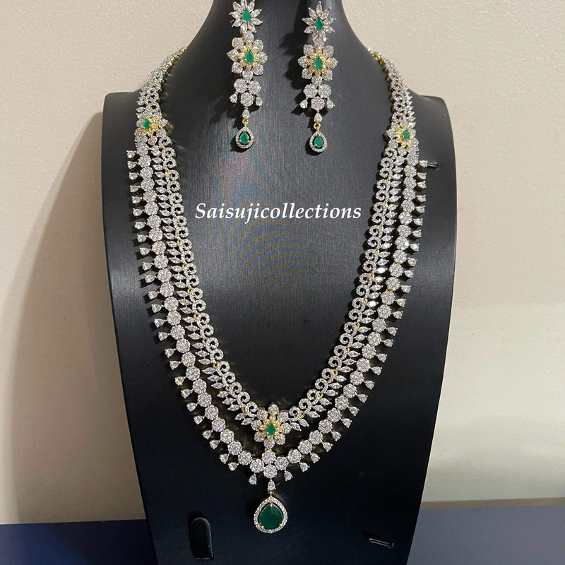 Elegant Diamond Finish 2 Lane CZ and Green Stone Long Haram With Earrings-Saisuji Collections-C-Green,Imitation Gold,Necklace,Necklace Set,Necklaces,Necklance,Ruby