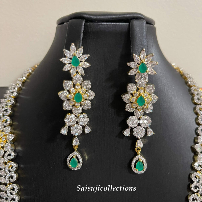 Elegant Diamond Finish 2 Lane CZ and Green Stone Long Haram With Earrings-Saisuji Collections-C-Green,Imitation Gold,Necklace,Necklace Set,Necklaces,Necklance,Ruby