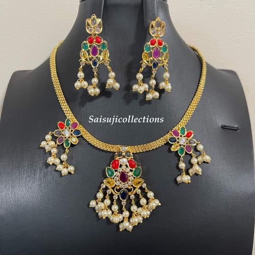 Beautiful Navaratan And Pearl Chain Choker With Earrings-Saisuji Collections-C-beads,Imitation Gold,kante,monalisa beads,Necklace,Necklace Set,Necklaces,Necklance,ruby