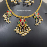 Beautiful Navaratan And Pearl Chain Choker With Earrings-Saisuji Collections-C-beads,Imitation Gold,kante,monalisa beads,Necklace,Necklace Set,Necklaces,Necklance,ruby