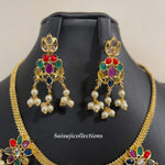 Beautiful Navaratan And Pearl Chain Choker With Earrings-Saisuji Collections-C-beads,Imitation Gold,kante,monalisa beads,Necklace,Necklace Set,Necklaces,Necklance,ruby