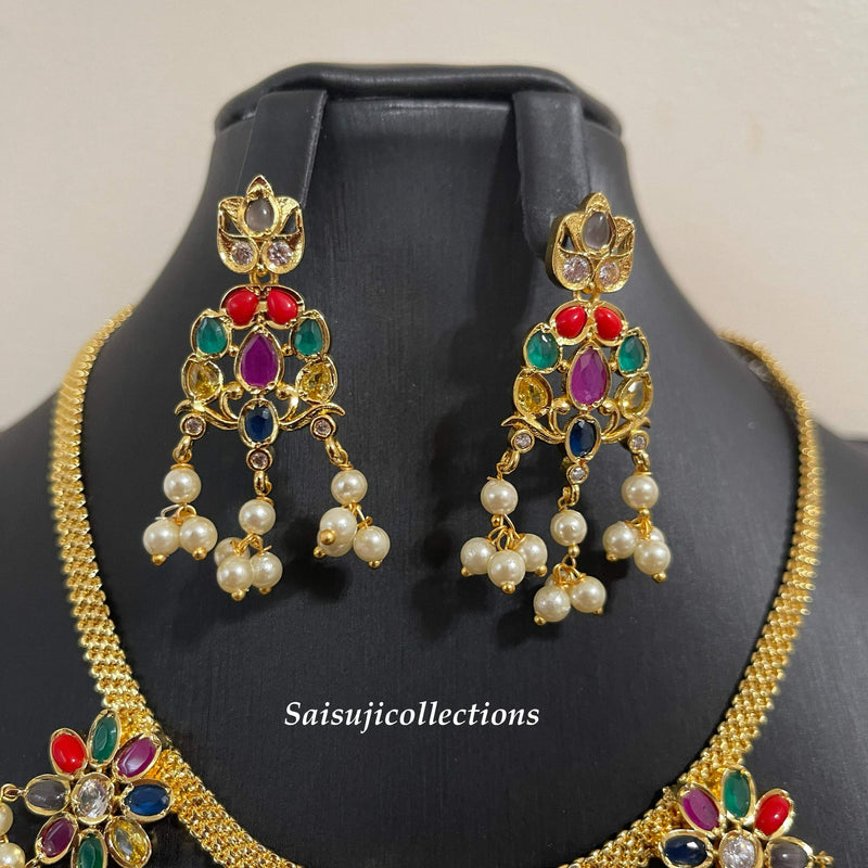 Beautiful Navaratan And Pearl Chain Choker With Earrings-Saisuji Collections-C-beads,Imitation Gold,kante,monalisa beads,Necklace,Necklace Set,Necklaces,Necklance,ruby