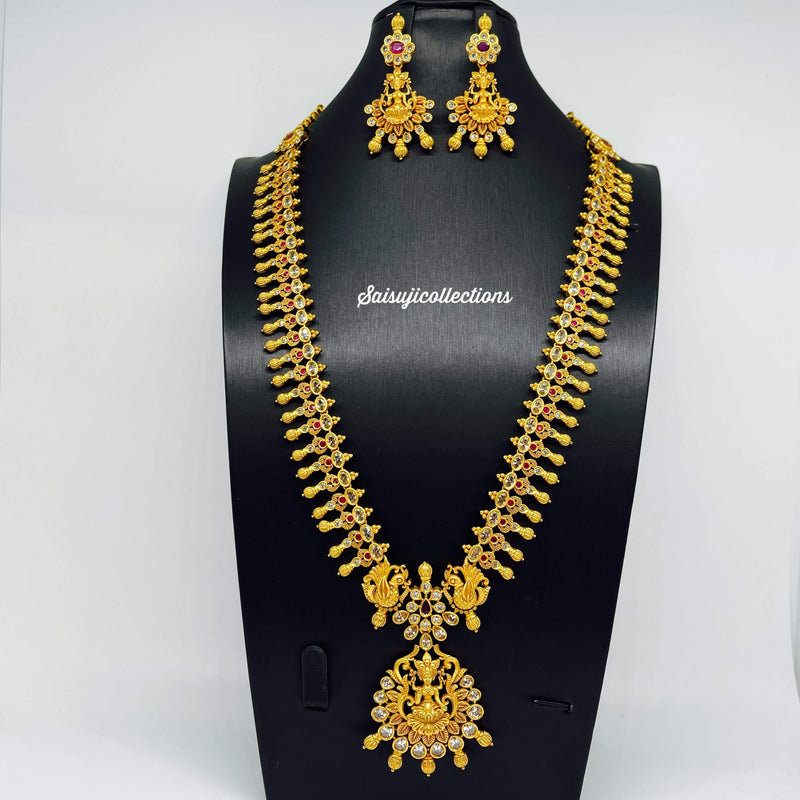 Beautiful Imitation Gold AD and Ruby Stone Lakshmi and Peacock Haram-Saisuji Collections-C-Imitation Gold,Laxmi,Multi Stone,Nakshi,Necklace,Necklaces