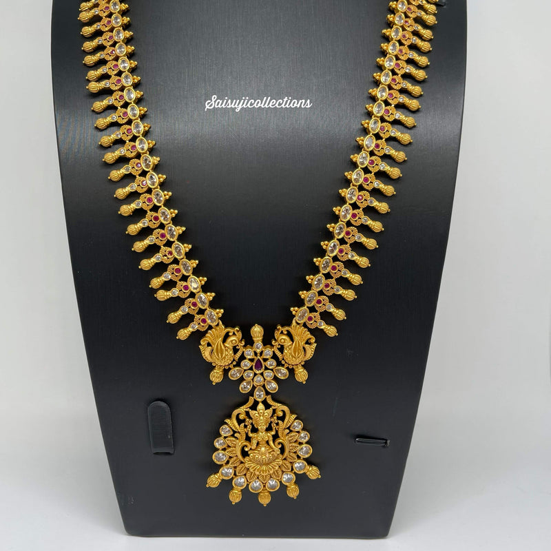 Beautiful Imitation Gold AD and Ruby Stone Lakshmi and Peacock Haram-Saisuji Collections-C-Imitation Gold,Laxmi,Multi Stone,Nakshi,Necklace,Necklaces