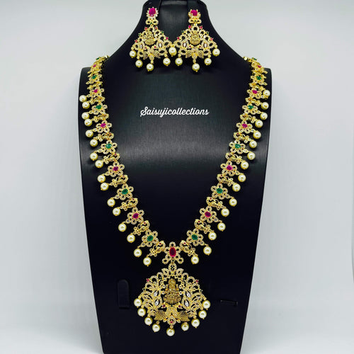 Elegant Imitation Gold Gold copy CZ and Multi Stone Peacock and Flower Lakshmi Devi Long Necklace-Saisuji Collections-C-Imitation Gold,Laxmi,Multi Stone,Nakshi,Necklace,Necklaces