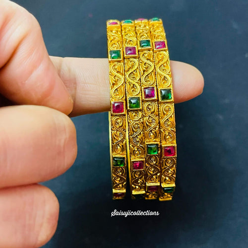 Beautiful Matt Finish Multi Stone 4 set Bangles size 2.8-Saisuji Collections-C-Bangle,Bangles,Emerald