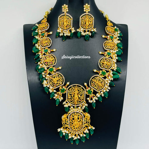 Elegant Imitation gold antique polish Dasavataram necklace set with Green monalisa Beads-Saisuji Collections-C-Imitation Gold,Laxmi,Multi Stone,Nakshi,Necklace,Necklaces