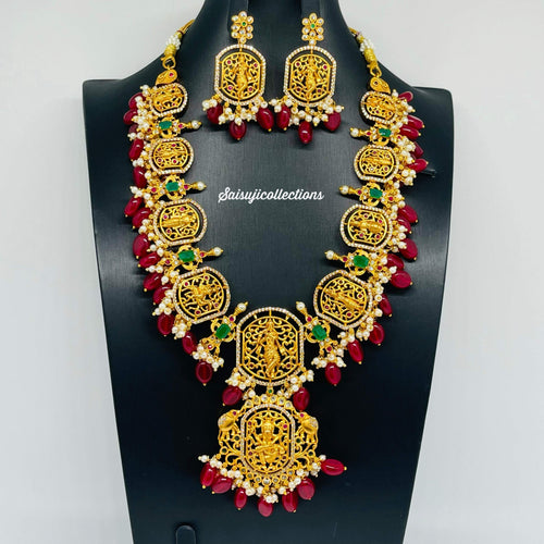 Elegant Imitation gold antique polish Dasavataram necklace set with Red monalisa Beads-Saisuji Collections-C-Imitation Gold,Laxmi,Multi Stone,Nakshi,Necklace,Necklaces