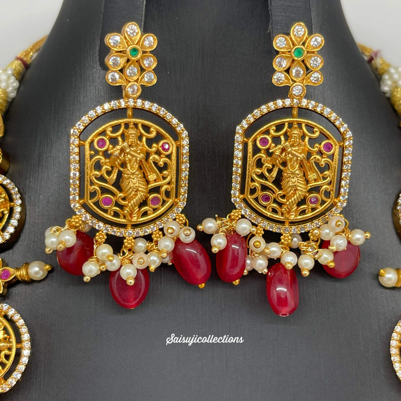 Elegant Imitation gold antique polish Dasavataram necklace set with Red monalisa Beads-Saisuji Collections-C-Imitation Gold,Laxmi,Multi Stone,Nakshi,Necklace,Necklaces