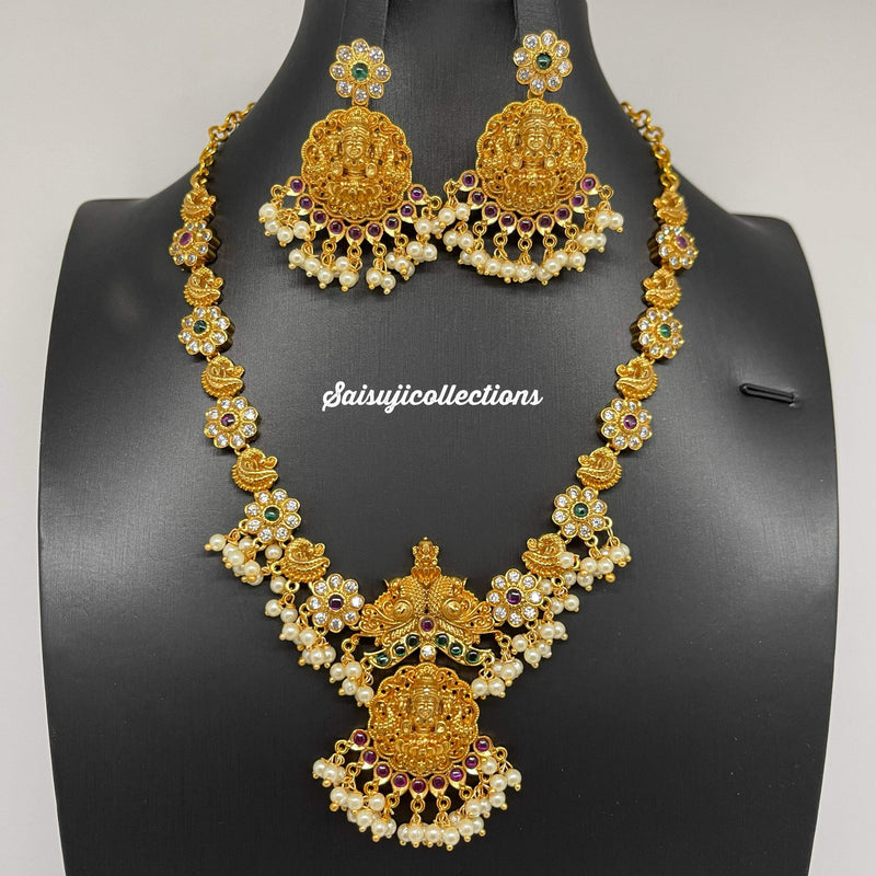 Beautiful Gold Finish Lakshmi and Peacock CZ and Multi Stone Small Necklace set with Earrings-Saisuji Collections-C-Imitation Gold,Kemp,Long,navaratan,Necklace,Necklace Set,Necklaces,Necklance,Peacock,Ruby,Temple