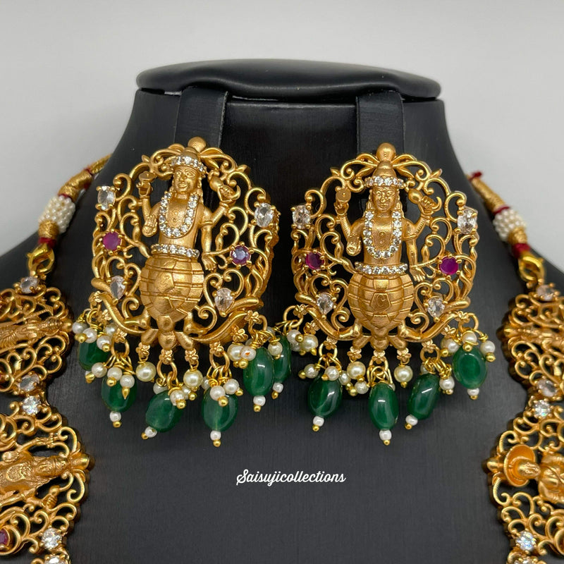 Elegant Imitation gold antique polish Multi Stone Dasavataram necklace set with Green monalisa Beads-Saisuji Collections-C-AD,Beads,Emerald,Necklace,Necklace Set,Necklaces,Necklance,Ruby