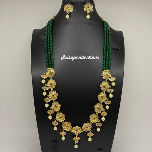 Elegant Multi lane Green Beads AD flowers Necklace set with Earrings-Saisuji Collections-C-Beads,green pumpkin beads,lakshmi,Necklace,Necklace Set,Necklaces,Necklance