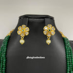 Elegant Multi lane Green Beads AD flowers Necklace set with Earrings-Saisuji Collections-C-Beads,green pumpkin beads,lakshmi,Necklace,Necklace Set,Necklaces,Necklance