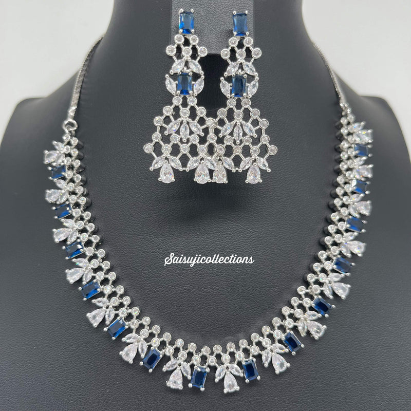 Beautiful CZ and Blue Stone White Polish Necklace Set with Earrings-Saisuji Collections-C-CZ,Emerald,Imitation Gold,Necklace,Necklace Set,Necklaces,Necklance,Peacock,Ruby