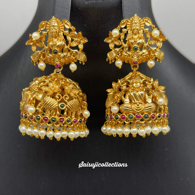 Beautiful Lakshmi Devi Antique Gold Finish Jumka with pearls and Multi Stones-Saisuji Collections-C-Antique Finish,Earrings,Imitation Gold,jhumka,Jumka,Laxmi Devi,Multi Stone,Pearl,Temple