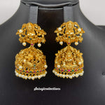 Beautiful Lakshmi Devi Antique Gold Finish Jumka with pearls and Multi Stones-Saisuji Collections-C-Antique Finish,Earrings,Imitation Gold,jhumka,Jumka,Laxmi Devi,Multi Stone,Pearl,Temple