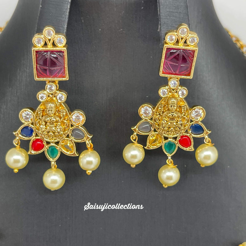 Elegant Gold Replica Imitation Gold Navaratan Lakshmi Mango Necklace Set With Earrings-Saisuji Collections-C-Imitation Gold,Laxmi,Multi Stone,Nakshi,Necklace,Necklaces